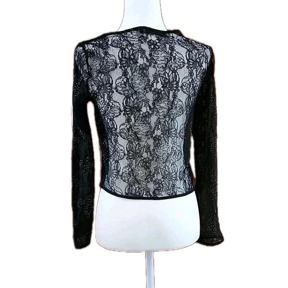 Zara Womens Sheer Top Size S Black Lace Beaded Long Sleeve Goth Going Out Edgy‎